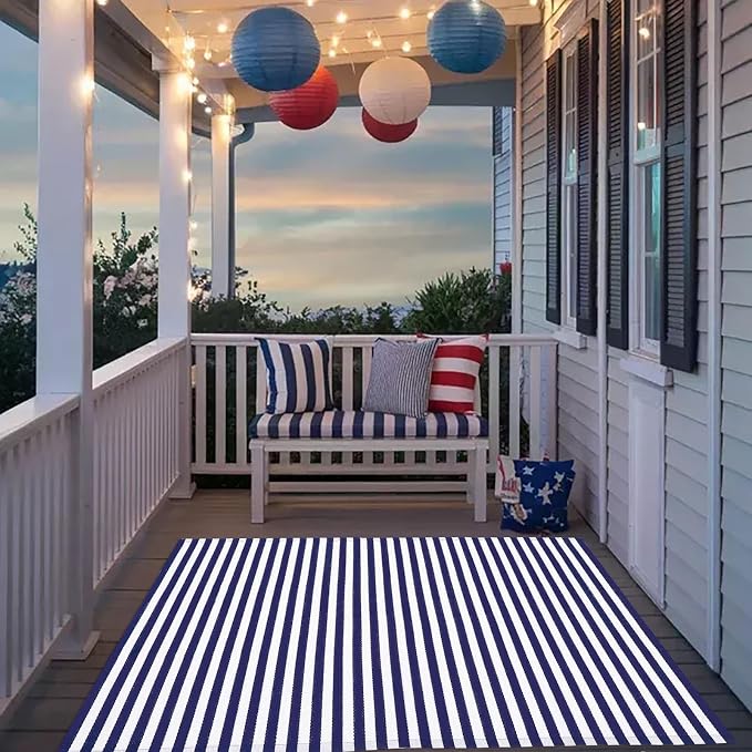 CAINANEL Blue and White Striped Rug 4th of July Door Mat 3' x 5' Summer Front Porch Rug Independence Day Welcome Doormats for Farmhouse Entrance Porch Outdoors Decor(Blue and White, 3' x 5')