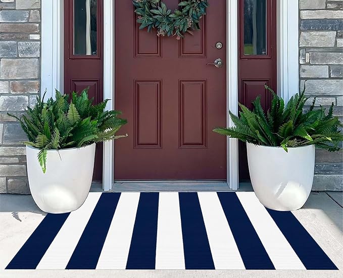 Blue and White Layered Doormat 2.3'x3.6,Machine Washable Porch Rug Cotton Woven Striped Farmhouse Small Area Rug for Porch/Home Entrace Decor/Bedroom/Layered Door Mats