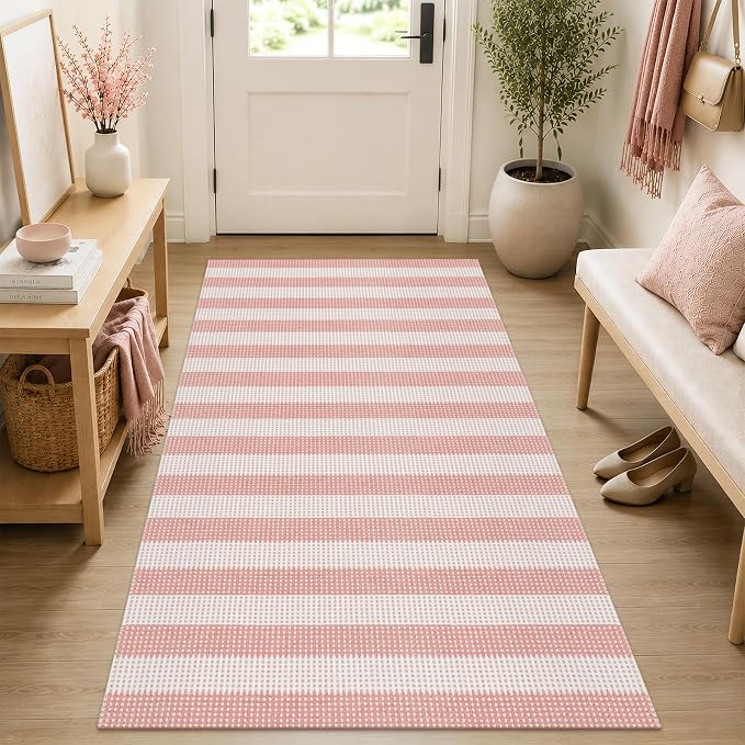 Rugalia Pink Woven Entryway Rug 3x5, Washable Striped Cotton Indoor Outdoor Doormat Low Plie Non-Slip Kitchen Mat, Modern Natural Floor Carpet for Porch Living Room Bedroom Patio