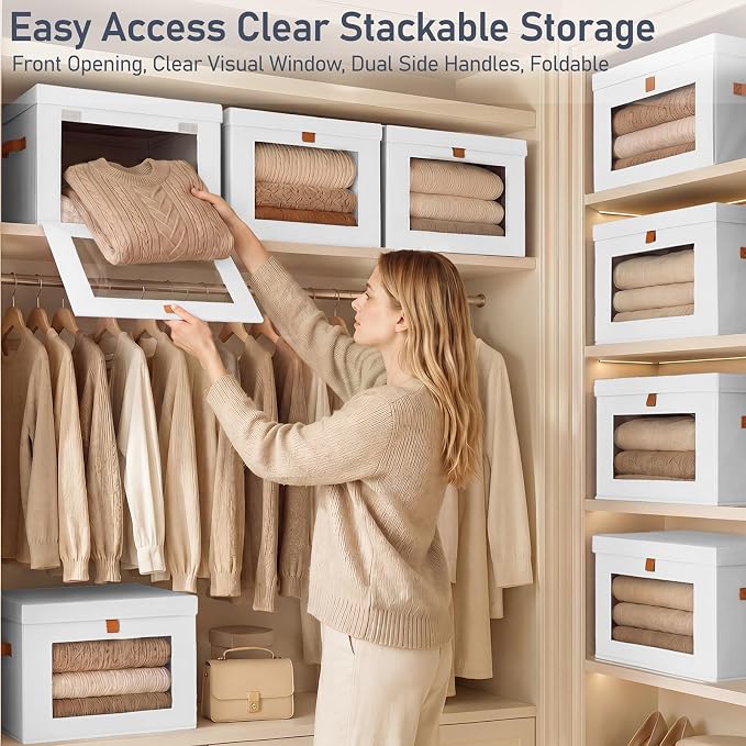 DIMJ Storage Bins with Lids - 6 Pack Front Opening Stackable Fabric Storage Boxes with Clear Window & Handles, Collapsible Closet Organizers for Clothes, Sweaters, Shelf Storage, Bedroom, White