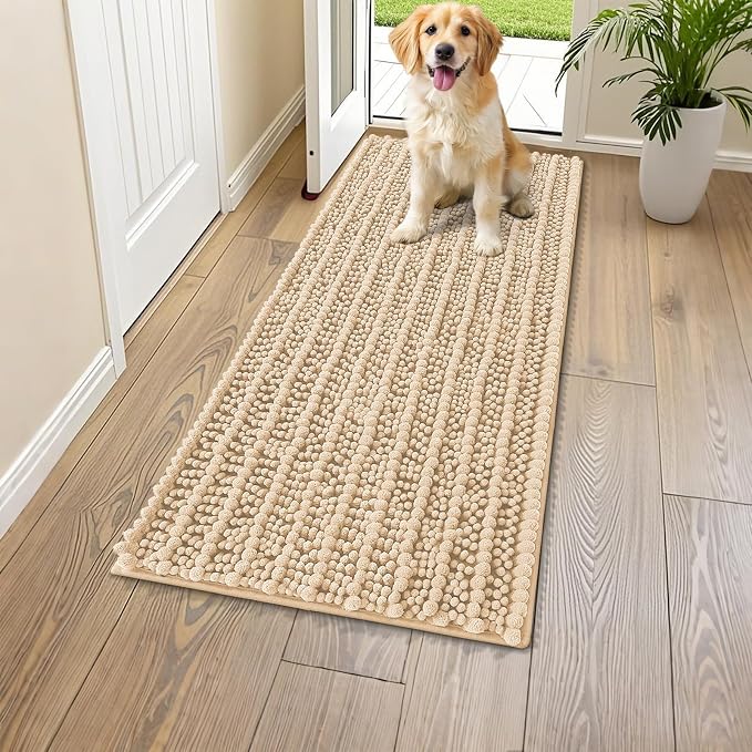 Smiry Dog Door Mat for Muddy Paws 44x24, Absorbent Dirt Trapper, Non-Slip Washable Chenille Entryway Rug for Inside Floor, Beige, Layered Pattern