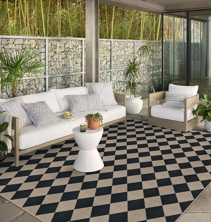 Rugalia Easy Jute Black Checkered 8x10 Area Rug, Washable Modern Outdoor Rug for Patio Non-Slip Diamond Rugs for Living Room, Neutral Farmhouse Floor Carpet for Bedroom Dining Room Classroom