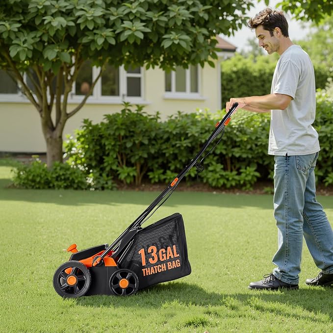 VEVOR 2-in-1 Electric Dethatcher and Scarifier, 13-Inch 13 Amp, Corded Lawn Dethatcher with 13-Gallon Thatch Collection Bag, 5-Position Depth Adjustment, Walk Behind Machine for Garden Yard Grass