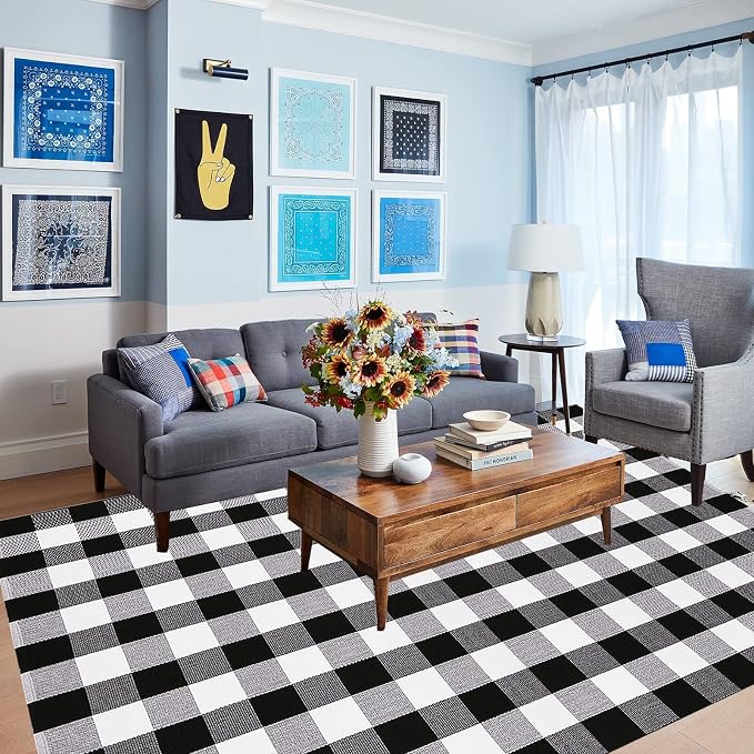 Bottalive Buffalo Plaid Outdoor Rugs, 5'x7' Black and White Checkered Area Rug, Washable Cotton Woven Indoor/Outdoor Rug for Farmhouse/Patio/Front Porch/Living Room/Laundry Room/Bedroom Décor