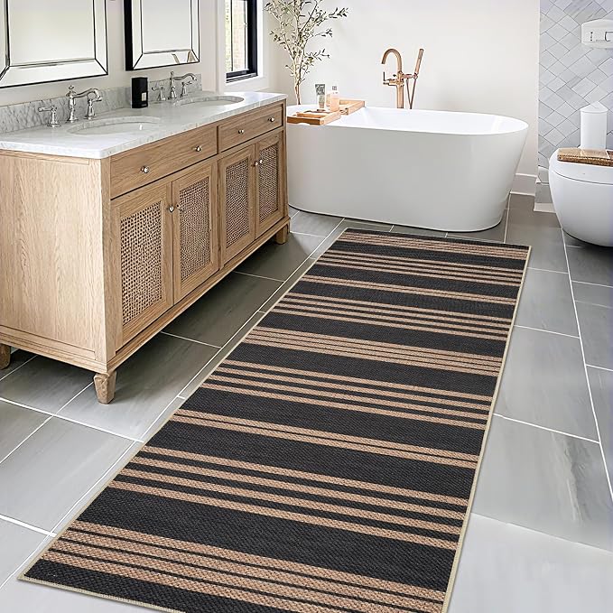 COZYLOOM 2x6 Striped Jute Rug Washable Runner Rug for Hallway Non Slip Non Shedding Geometric Carpet Stain Resistant Contemporary Foldable Indoor Outdoor Mats for Kitchen Bathroom, Black/Coffee