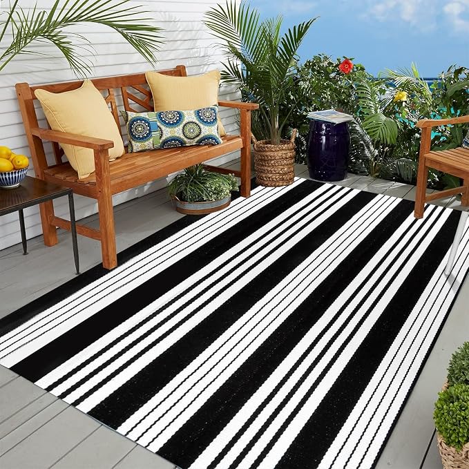 OJIA Outdoor Rugs 5'x7' Patio Rug Washable Carpet Black & White Camping Rug | Machine Washable Outdoor Rug Cotton Woven Area Rug Farmhouse Indoor Carpet for Front Door/Porch/Deck/Backyard/Balcony Decor