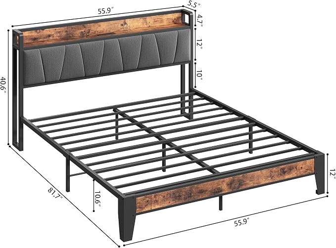 LIKIMIO Full Bed Frame, Storage Headboard with Charging Station, Solid and Stable, Noise Free, No Box Spring Needed, Easy Assembly