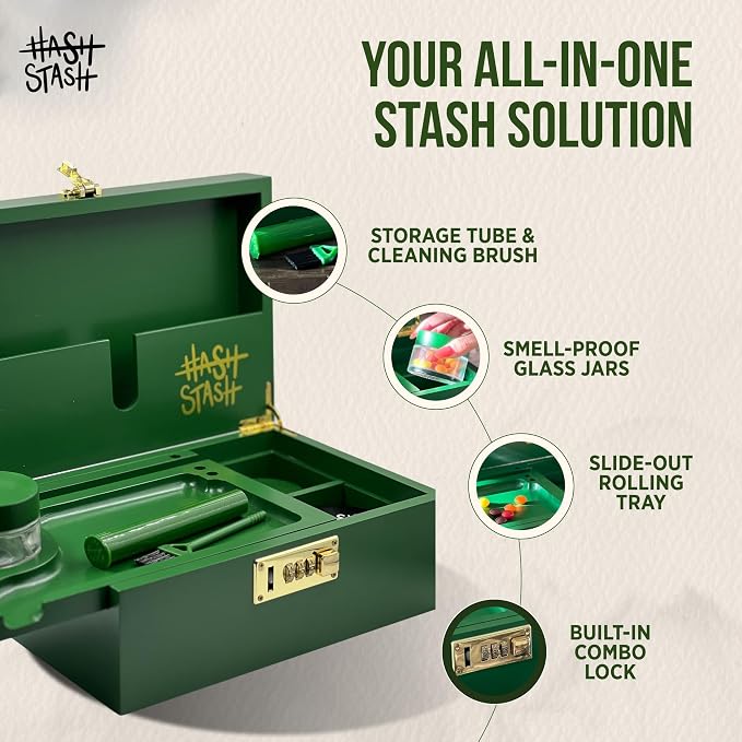 The OG Stash Storage Box - Large Bamboo Box with Combination Lock, Magnetic Lid, Organizer Tray, 3 Jars and Brush - Portable Decorative Wooden Lock Kit with Accessories (Green/Gold)