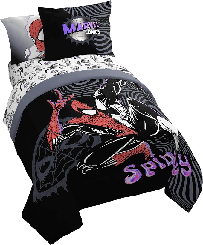Marvel Comics Spiderman Full Size Comforter Set 7 Piece Bedding, Black | Venom, Bed in a Bag, Comforter Sheets Shams Pillowcases, Official Product, Soft Microfiber, Machine Washable, Boys Gift