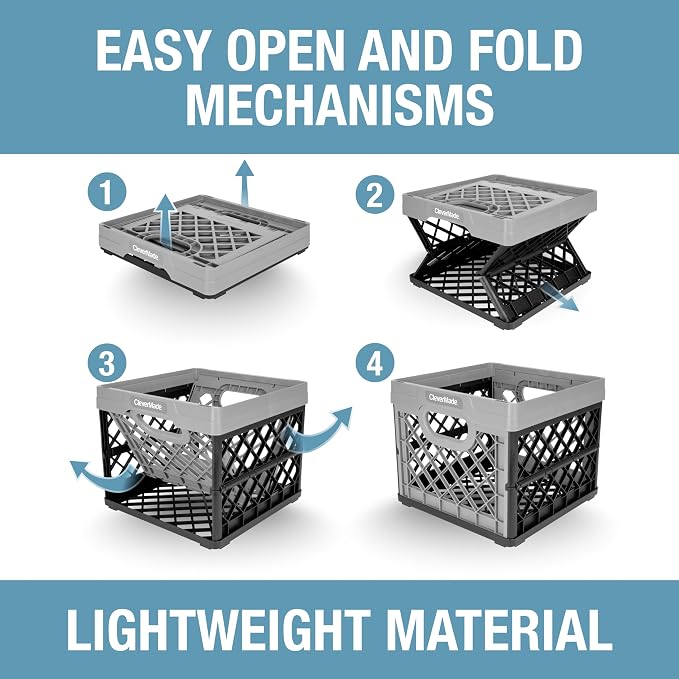 CleverMade Collapsible Milk Crate, 25L, 3 Pack, Stone | Built-in rails hold letter-size hanging files. Interlocking crates stack open or folded and carry up to 50 lb each.
