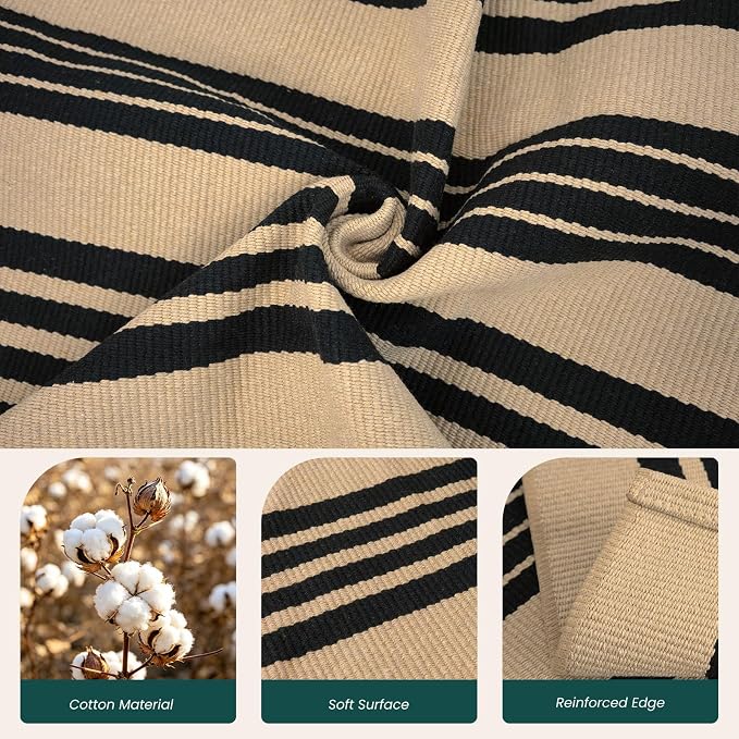 KOZYFLY Striped Rug 2x3 ft Front Door Mat Brown and Black Cotton Woven Washable Indoor Outdoor Rug for Entryway Porch Kitchen Patio Decor Small Area Rugs