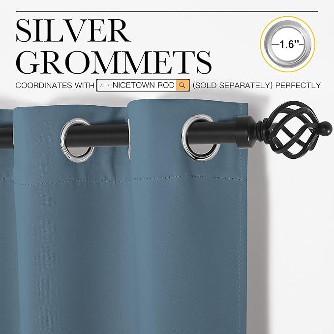 NICETOWN Bedroom Curtains Blackout Drapery Panels, 2 Panels, 70 x 108 inches, Smoky Blue, Three Pass Microfiber Thermal Insulated Solid Ring Top Blackout Window Curtains/Drapes