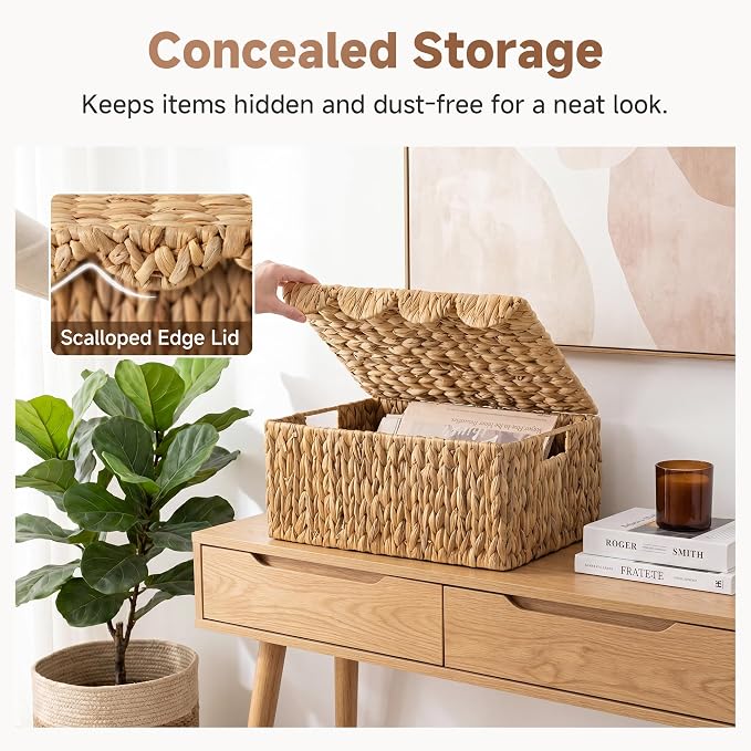 StorageWorks Wicker Basket with Lid, Scalloped Edge Woven Basket, Water Hyacinth Storage Baskets with Lid, Large Baskets for Shelves, Decorative Storage Boxes, 16½" L X 13" W X 7½" H