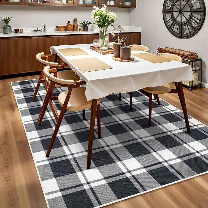 AROGAN Checkered Jute 4x6 Area Rugs, Washable Outdoor Patio Rug for Living Room Entrance Indoor Outdoor Carpet, Farmhouse Design Neutral Geometric Rugs for Front Porch Mat Dining Room