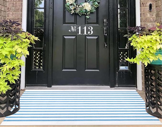 2x4 Outdoor Rug,Light Blue and White Striped Front Porch Rug Cotton Woven Washable Indoor Outdoor Doormat Farmhouse Small Area Rug for Porch/Entryway/Home Entrance Decor