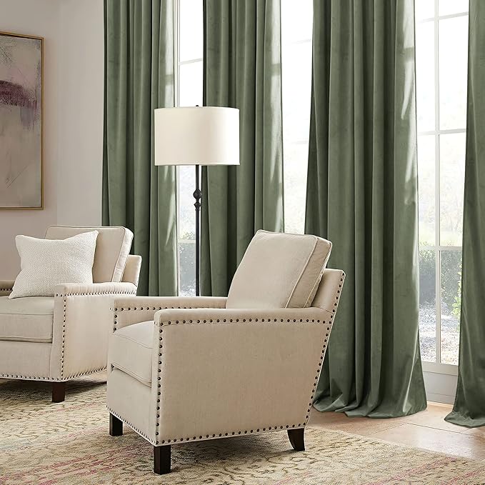 RYB HOME Sage Green Velvet Curtains 72 inches Length with Hook Tape, Thermal Insulated Privacy Protect Decorative Drapes for Window, W 42 x L 72 inches, 2 Panels Set