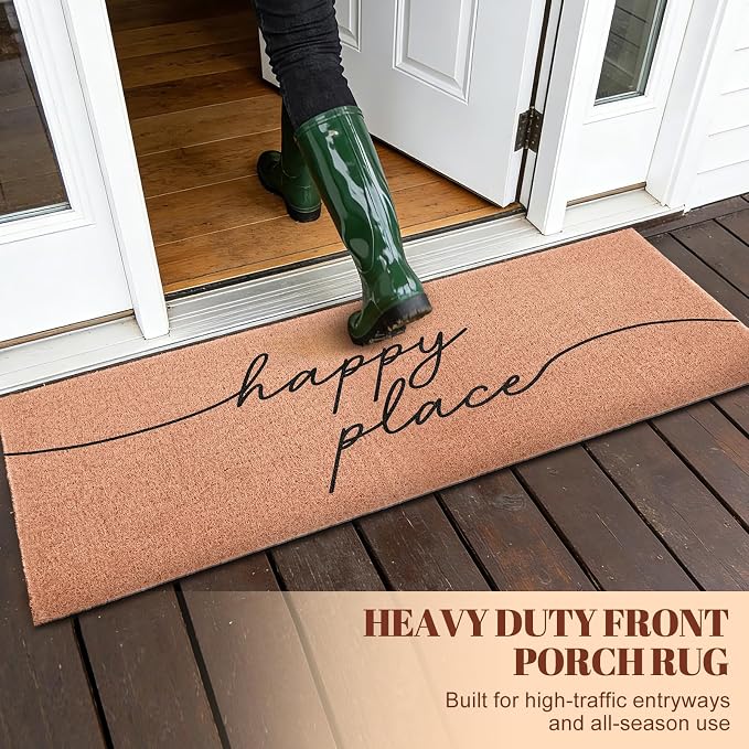 Happy Place Extra Long Doormat for Double Door Entrance, 24x59 Inch | Large Heavy Duty Front Porch Rug with Non Slip PVC Backing, Oversized Decorative Door Mat for Indoor Outdoor Entryway