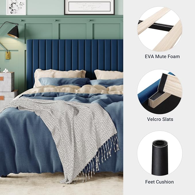 Allewie Queen Bed Frame, Velvet Upholstered Platform Bed with Adjustable Vertical Channel Tufted Headboard, Mattress Foundation with Strong Wooden Slats, Box Spring Optional, Easy Assembly, Navy Blue