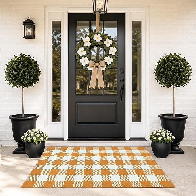 Caramel and White Buffalo Plaid Rug 3'x5', Machine Washable Layering Mat for Front Door, Entryway, Kitchen, Indoor Outdoor Low Profile Cotton Woven Check Rug