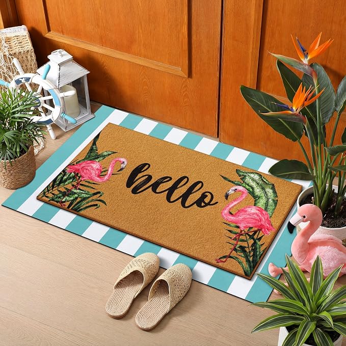 Tinideya 2 Pcs Summer Flamingo Layering Doormats Sets, Tropical Palm Leaves Hello Coir Door Mat with Rug for Porch Entryway Outdoor Decor