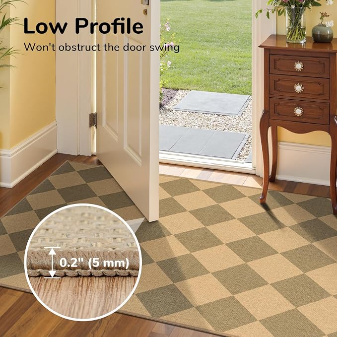 Lessymo Checkered Entryway Rug 3x5, Easy Jute Washable Rugs for Living Room | Outdoor Patio Area Rug, Non Slip Indoor Door Mat Farmhouse Neutral Carpet for Guestroom Foyer Backyard, Diamond Brown/Beige