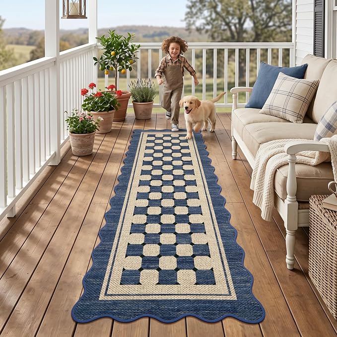 Garvee Scalloped Washable 2x6 Kitchen Runner Rug, Easy Jute Checkered Navy Rugs for Entryway Hallway, Indoor Outdoor Non Slip Rug Farmhouse Modern Carpet Door Mat for Porch Bedroom Laundry Room 2'x6'