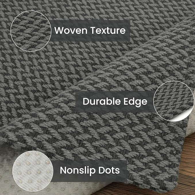 IOHOUZE Washable Runner Rug 2x6 Non Slip Runners for Hallways Entryway Runner Indoor, Kitchen Rugs Woven Cotton Floor Carpet for Kitchen Hall Entrance Bedroom, Grey/Black