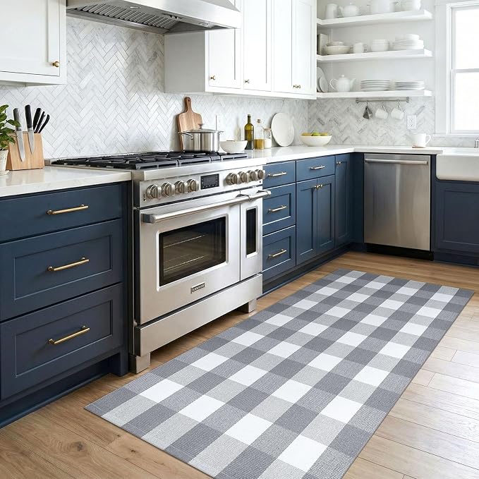 KOZYFLY Buffalo Plaid Area Rugs 3x5 Grey and White Washable Front Door Mat Woven Cotton Indoor Outdoor Rug for Front Porch Kitchen Entryway Patio Farmhouse Checkered Doormat