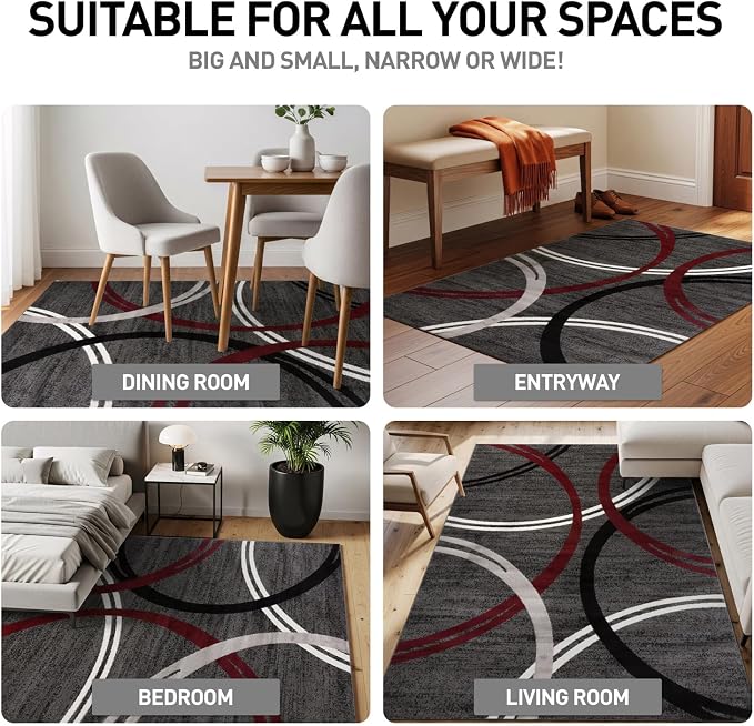 Rugshop Wavy Circles Modern Non-Shedding Living Room Area Rug Red 10' x 14' | Rectangular, Size 10' x 14', Bedroom, Dining Room, Home Office, Kitchen, Entryway, Hallway, Nursery, Kids Room, Guest Room