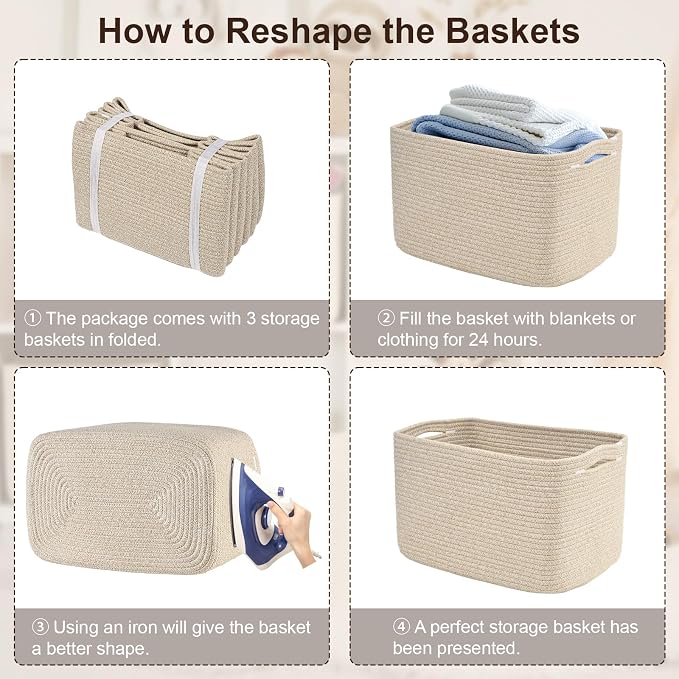 Baskets for Organizing,Storage Baskets,3 Pack Baskets for Shelfves,15"×10"×9" Woven Brown Basket,toy storage bins,bins for organization