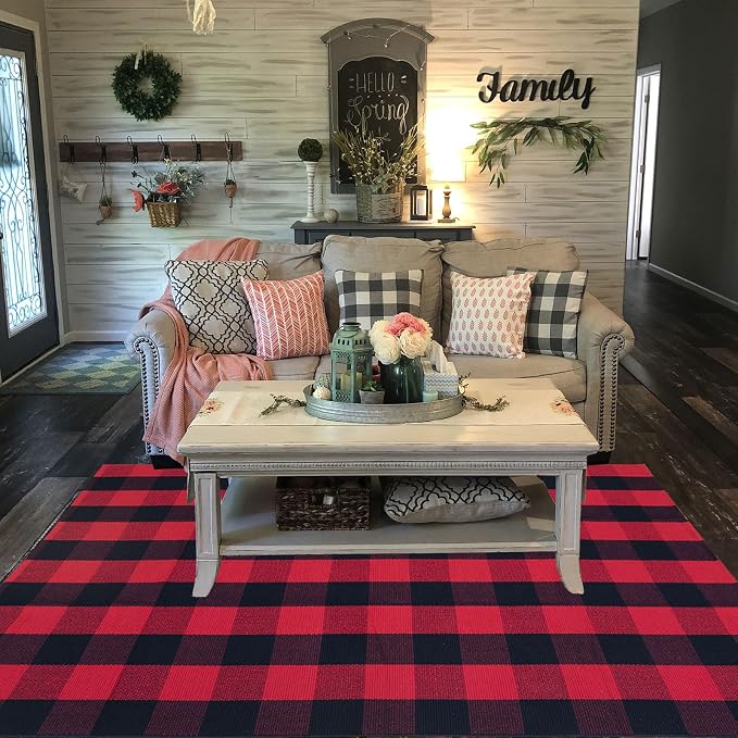 Red and Black Plaid Rug, 4' x 6' Check Outdoor Front Door Decorative Mat, Cotton Woven Rug for Layered Door Mats Washable Carpet for Porch, Entryway, Farmhouse, Christmas, Halloween