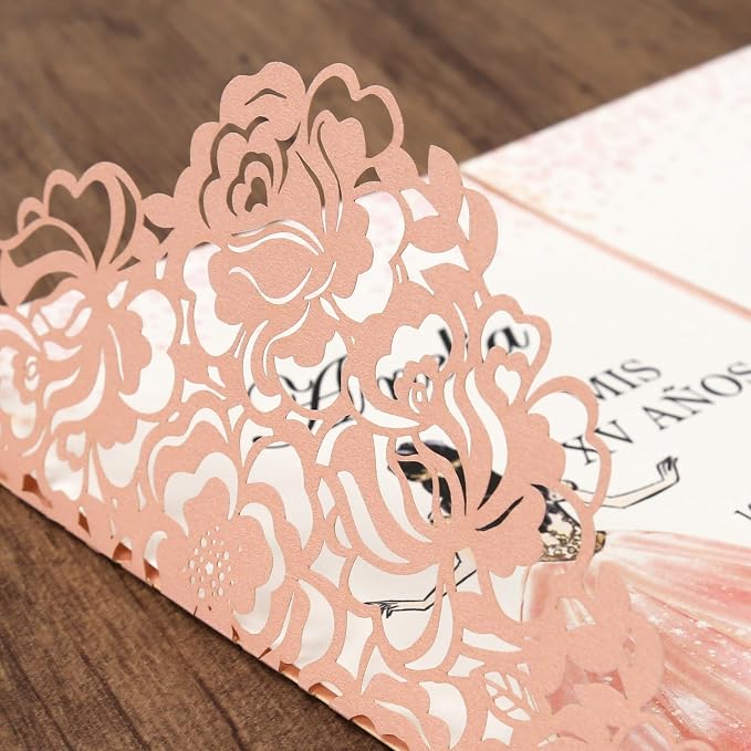 DORIS HOME Laser Cut Quinceanera Invitation Pockets, Pink, 5"x7" | 50pcs, With Envelopes, For Birthday Miss 15, Sweet 16, No Inserts Included