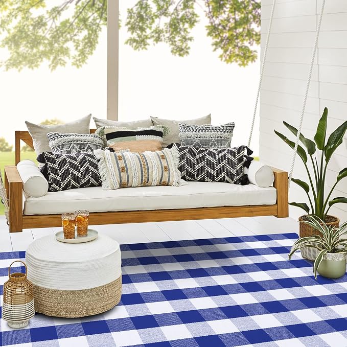 SEEKSEE Buffalo Plaid Rug 4' x 6' Blue and White Large Front Door Mat, Layering Area Rug, Summer Rug for Outdoor Patio Entryway Indoor Living Room Kitchen Dining Room Decor
