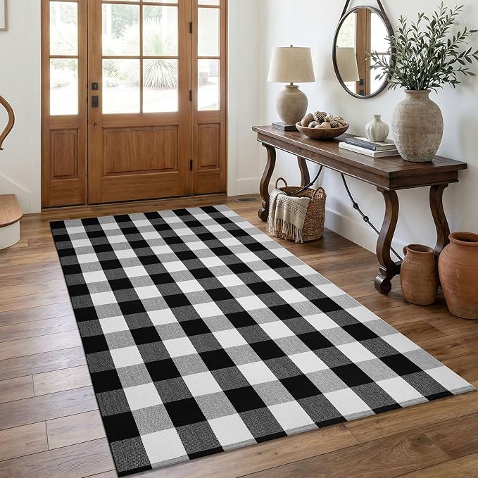 KOZYFLY Buffalo Plaid Area Rug 4 x 6 Ft Black and White Checkered Rug Washable Outdoor Rugs Cotton Rugs for Bedroom Front Door Mat Carpet for Front Porch Living Room Dining Room Kitchen