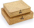 Hipiwe Set of 2 Flat Woven Wicker Storage Bins with Lid Seagrass Basket Box | Natural Handwoven Basket Multipurpose Home Organizer Bins Boxes for Shelf Organizer, Caramel