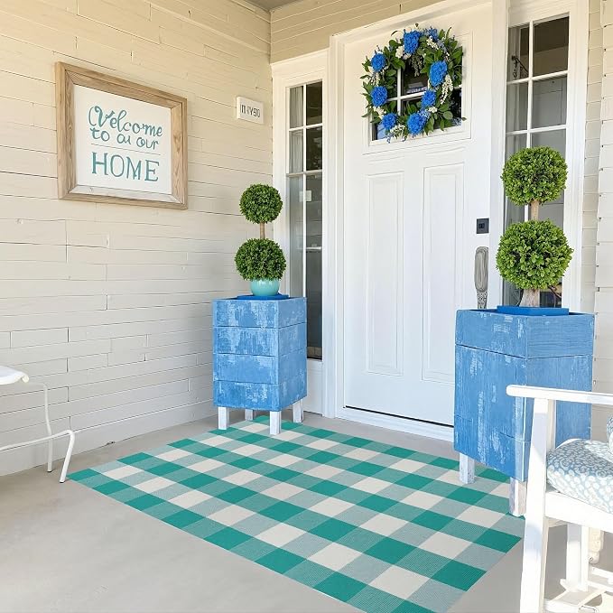 Buffalo Plaid Outdoor Rug 3x5 Ft Teal Green and White Checkered Area Rug Washable Doormats Indoor Outdoor Rugs for Layered Front Door Mats, Porch, Entryway, Kitchen, Farmhouse