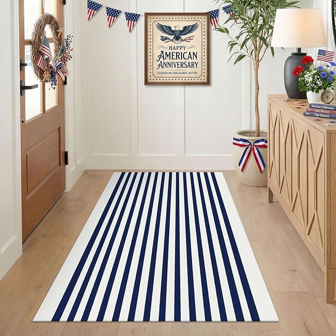 KILOCOCO Blue White Striped Rug 3'X5' Front Door Mat Outdoor Washable Rugs | Cotton Layered Doormats, Low Pile Front Porch Rug, Woven Indoor Rug for Kitchen Entryway, Farmhouse Patio Carpet