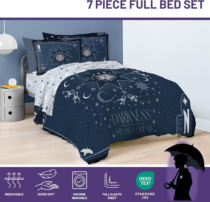 Wednesday Addams Full Comforter Set 7 Piece Bedding for Girls, Blue | Bed in a Bag, Comforter Sheets Shams Pillowcases, Official Product, Soft Microfiber, Machine Washable, Girls Gift