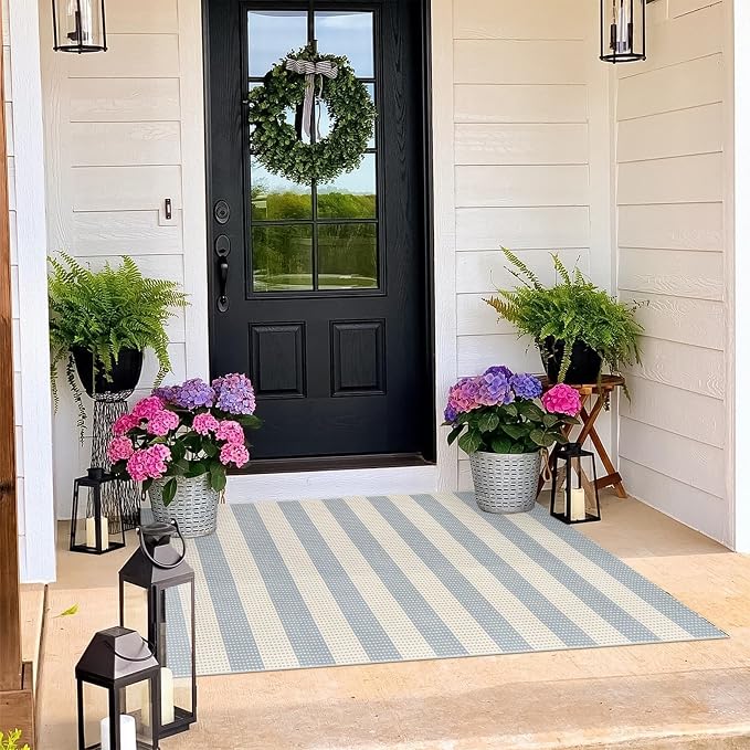 OJIA Outdoor Rugs 3'x5', Welcome Mat for Front Door Mat Outside Entrance | Washable Outdoor Area Rug Entryway Rugs Indoor Front Porch Rug Cotton Small Checkered Rug Carpet for Entry/Patio/Living Room