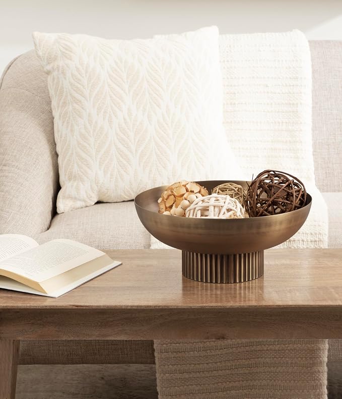 Kate and Laurel Rooks Ribbed Decorative Metal Bowl; 12 Inch Diameter; Brass; Modern Raised Fruit Bowl for Kitchen Counter or Use as a Key Bowl for an Entryway Table
