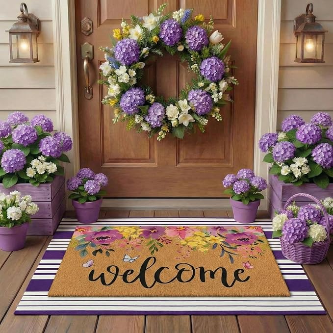 Tinideya 2 Pcs Door Mat Welcome Non Slip Coir Mats Floor Layering Doormats Seasonal for Front Porch Entryway Decor(Purple Flowers)