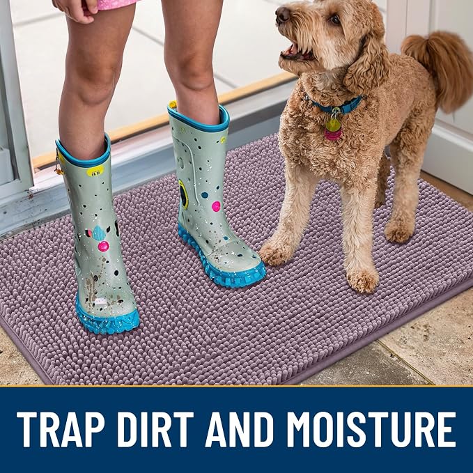 Smiry Dog Door Mat for Muddy Paws 59x35, Absorbent Dirt Trapper, Non-Slip Washable Chenille Entryway Rug for Inside Floor, Deep Plum, Classic Solid