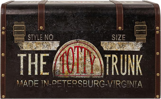 Household Essentials Large Decorative Storage Trunk with Vintage Decoupage, Leather and Metal Accents, Green and Black Finish