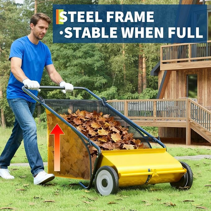 26-Inch Extra-Wide Push Lawn Sweeper with 4-Brush System,7 Cu.ft. Heavy-Duty Mesh Bag Collector, Height-Adjustable Manual Push Sweeper for Leaves, Grass Clippings & Yard Debris, Durable Steel Frame