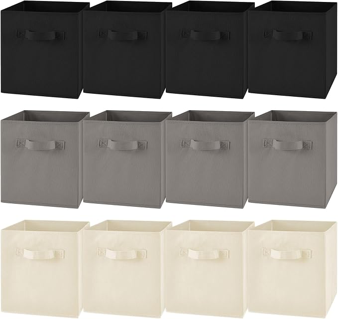 Yinder 12 Pcs Cube Storage Bin Grey 10.5''x10.5''x11'' Black Beige Storage Bins for Playroom Decor Colorful Bins for Kids Foldable Baskets for Nursery Organizer Boxes Fabric Boxes