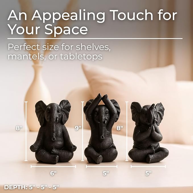 Resin Yoga Elephant Sculptural for Home or Bathroom Decor - Figurine for Shelf, Coffee Table, or Living Room - Ornaments Accent for Office Desk or Entryway - Set of 3, 9", 8", 8", Black
