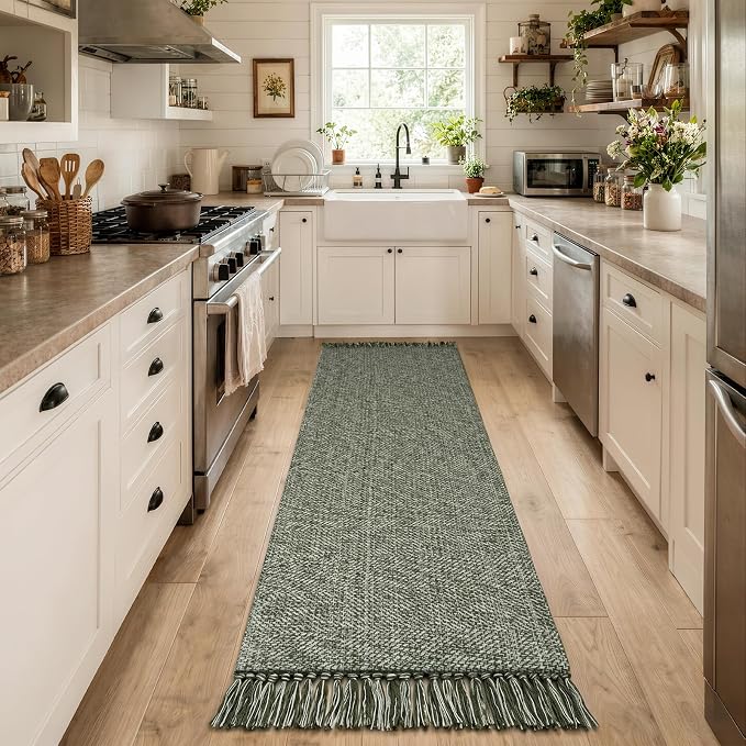 Collive Hallway Runner Rug 2.6' x 10', Boho Washable Kitchen Runner Rugs Hand Woven Bathroom Mats, Sage Green Modern Farmhouse Indoor Entry Hall Carpet for Bedroom Entrance Porch Decor