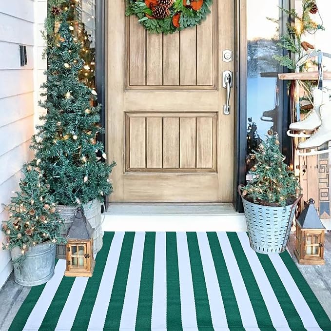 Green & White Striped Rug, 2'4" x 3'7" Indoor/Outdoor Area Rug for Front Porch, Entryway, Machine Washable Cotton Woven Welcome Door Mat