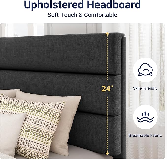 Allewie Twin Size Platform Bed Frame with Fabric Upholstered Headboard Gray | Wooden Slats Support, Fully Upholstered Mattress Foundation, No Box Spring Needed, Easy Assembly, Noise-Free, Dark Grey