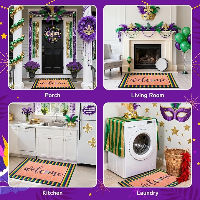 2 Pcs Mardi Gras Welcome Doormat, Welcome Mardi Gras Masks Mat, Carnival Fleur De Lis Non Slip Coir Mat Floor Striped Layering Doormats Seasonal for Front Porch Entryway Decor 24" x 32"